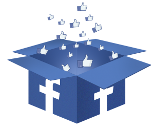 En bild på Like-knappar som kommer ur en låda, märkt med Facebook-loggan.