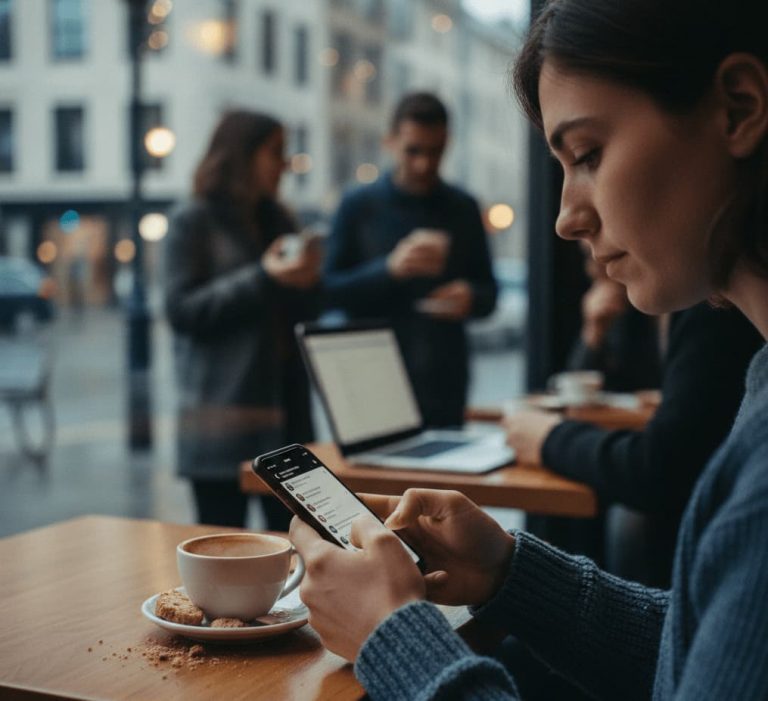 En kvinna sedd i profil sitter vid ett runt träbord på ett café. Hon håller i en smartphone och skrollar med tummen.