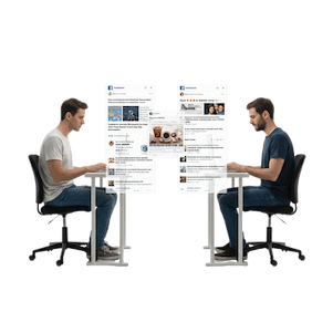 Två personer med olika Facebook-flöden som illustrerar olika verkligheter online