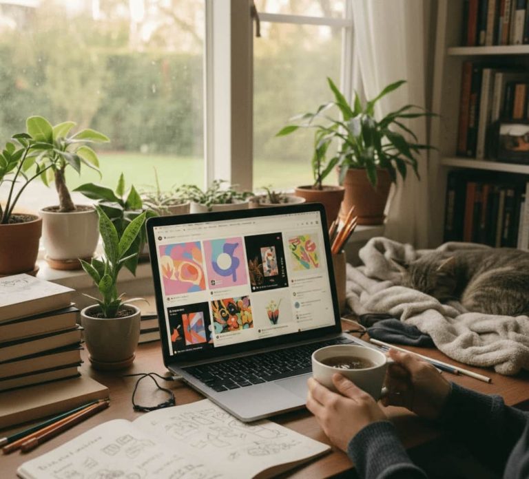 En person framför ett skrivbord med laptop och en kopp kaffe