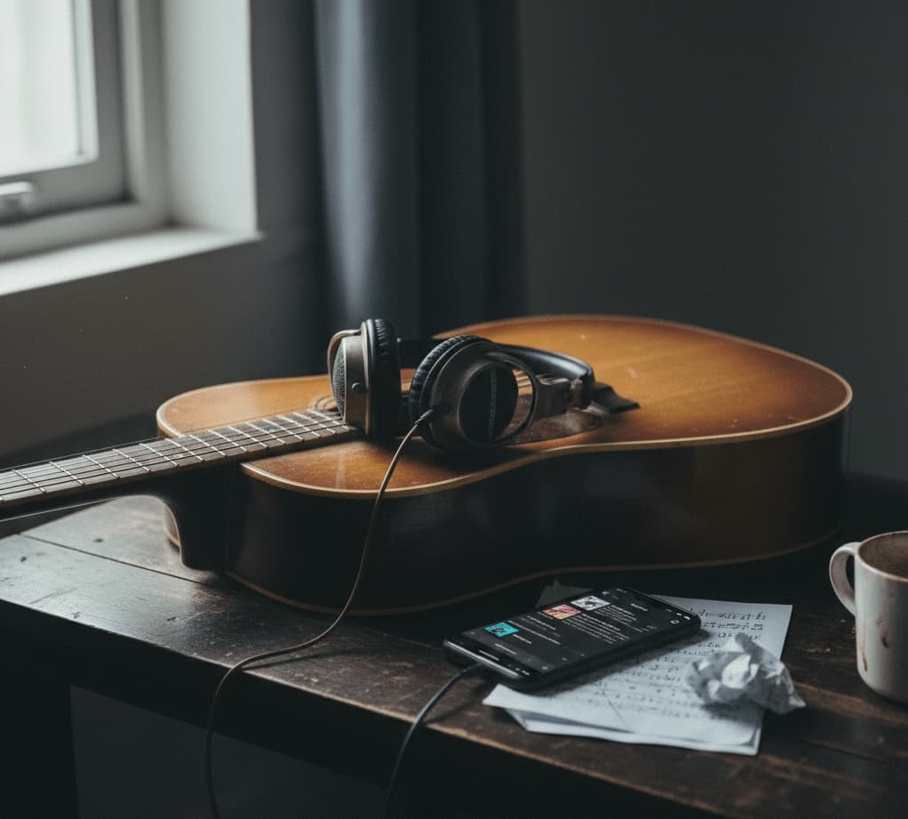 En stämningsfull närbild i naturligt ljus på en akustisk gitarr som vilar på ett mörkt träbord