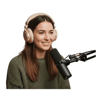 YouTube-skapare pratar i mikrofon med headset i en mysig studio