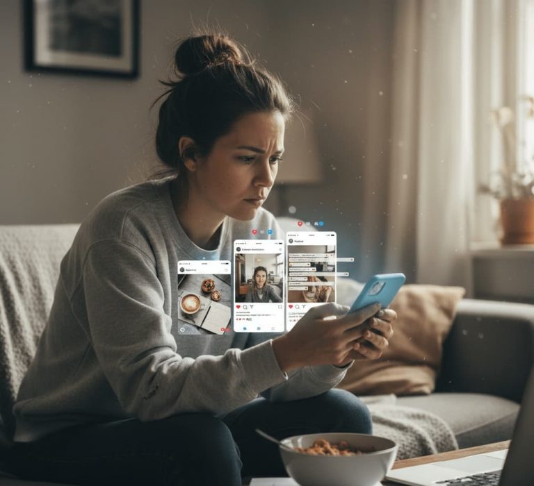 En kvinna som sitter i soffan och använder Instagram