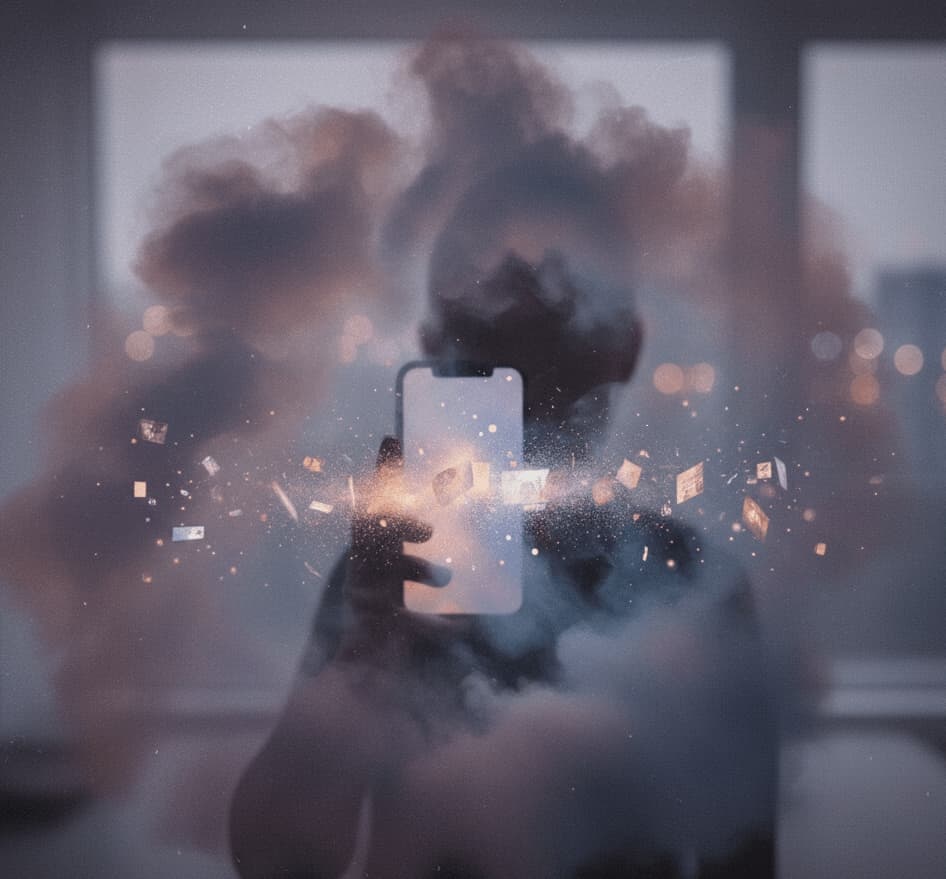 En konstnärlig och stämningsfull bild som fångar känslan av digital glömska. I ett mörkt rum syns konturerna av en person som håller upp en lysande smartphone