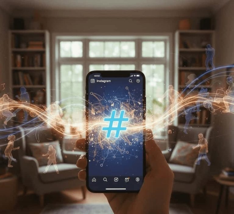 En person håller upp en smartphone i ett vardagsrum. På mobilskärmen syns en lysande blå hashtag-symbol omgiven av nätverkslinjer