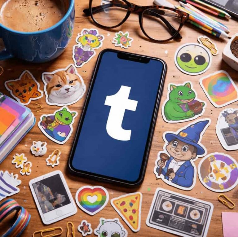 Smartphone med Tumblr-appen liggande på ett träbord, omgiven av färgglada klistermärken, kaffe, glasögon och små vardagsföremål i en avslappnad skrivbordsmiljö