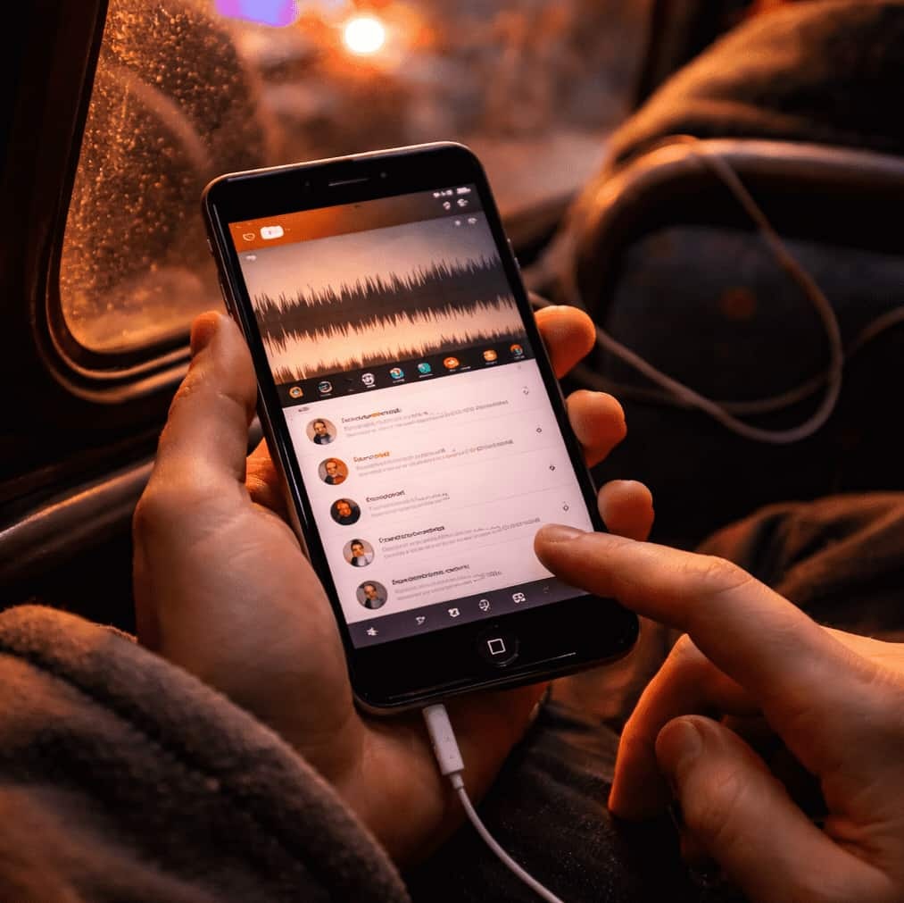 Närbild av en person som lyssnar på musik på mobilen i en buss på kvällen, med hörlurar inkopplade, regnigt fönster i bakgrunden och mjukt stadsljus utanför