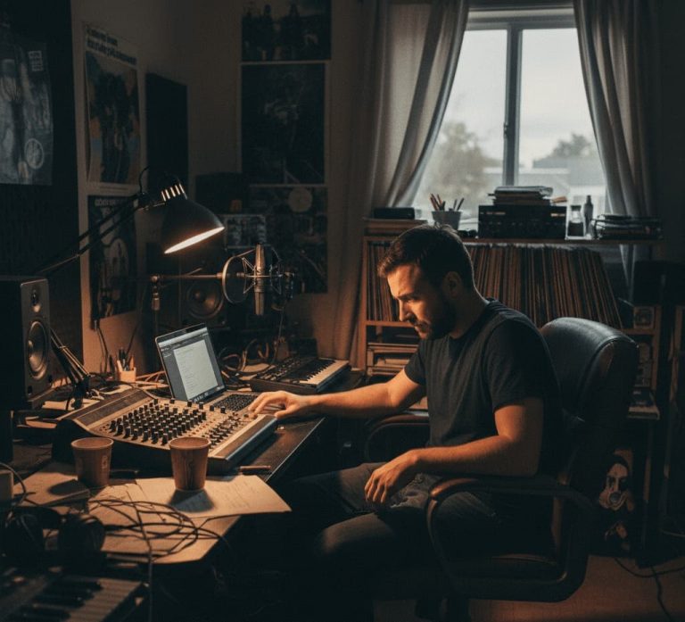 En musikproducent sitter djupt koncentrerad i sin hemmastudio under kvällstid