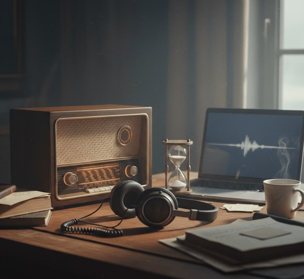 En stämningsfull och detaljrik närbild av ett skrivbord i trä i mjukt dagsljus. På bordet står en klassisk analog radio i trä bredvid en modern laptop som visar en ljudvåg på skärmen