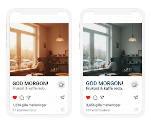 Två nästan identiska Instagram-inlägg som visar hur små skillnader i presentation påverkar engagemang