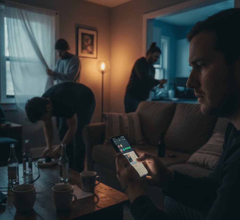 En närbild i profil på en ung man som fokuserat scrollar på sin lysande smartphone i ett dunkelt vardagsrum