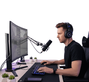 Twitch-streamer förbereder sig bakom kameran med headset och mikrofon, utan publik