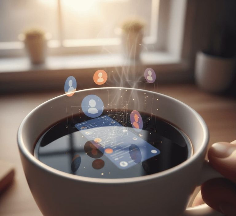 En närbild i förstaperspektiv av en vit kaffekopp fylld med mörkt kaffe, som hålls i en hand framför ett fönster i mjukt morgonljus