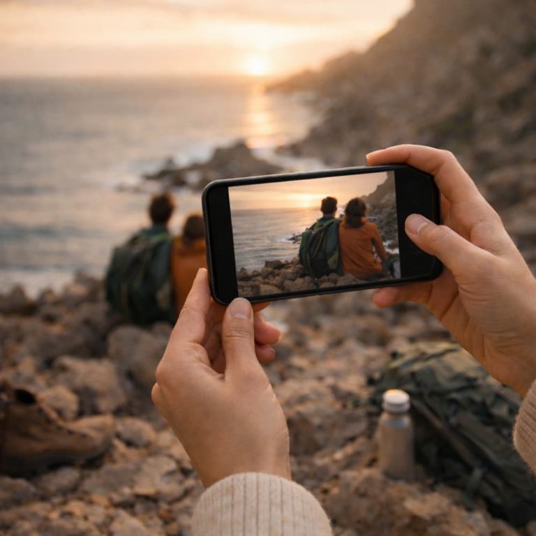 En person fotograferar två vänner som sitter på klippor vid havet i solnedgången