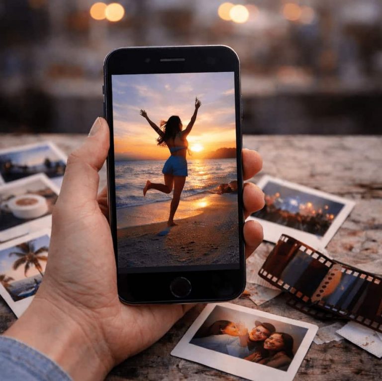 Hand som håller en mobiltelefon med ett strandfoto i solnedgång, omgiven av utspridda pappersfotografier och analog film på ett slitet bord