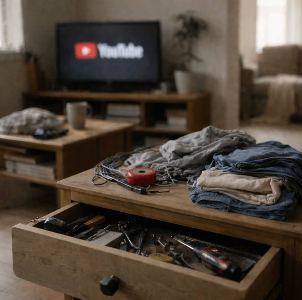Vardagsrum i mjukt dagsljus med ett halvöppet träskåp i förgrunden och YouTube i bakgrunden