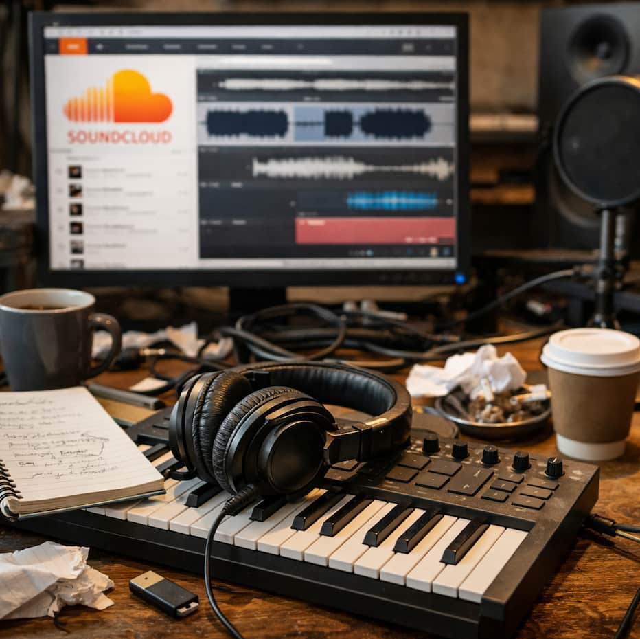 Hörlurar liggande på ett MIDI-keyboard i ett stökigt hemmastudio-skrivbord, med dator som visar ett halvfärdigt ljudprojekt i bakgrunden
