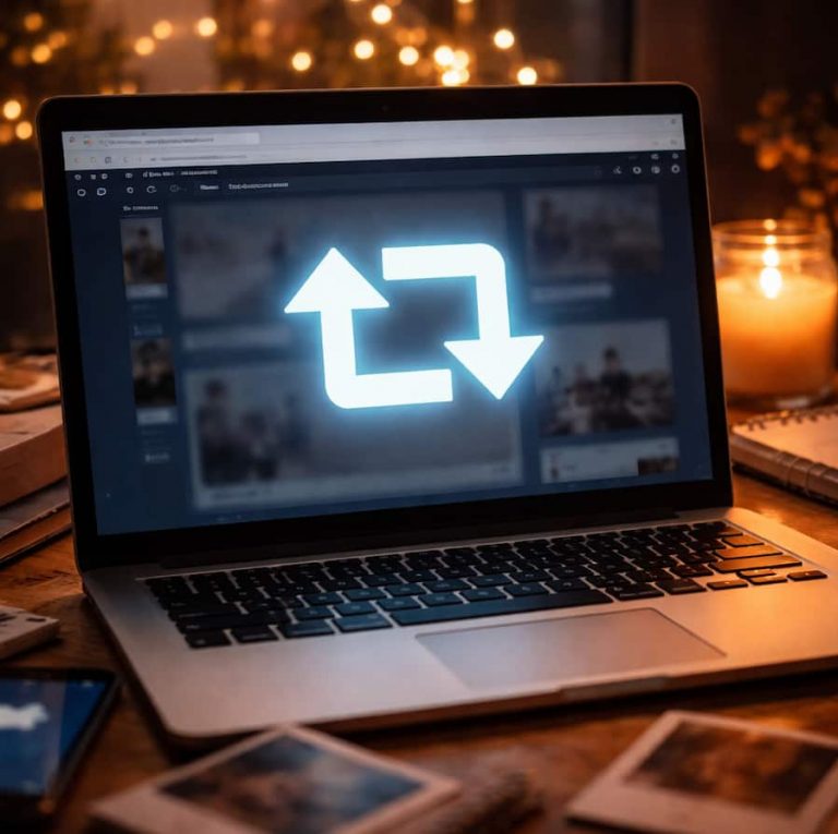 Laptop på skrivbord i varmt kvällsljus med en lysande reblog-ikon på skärmen och suddig Tumblr-vy i bakgrunden