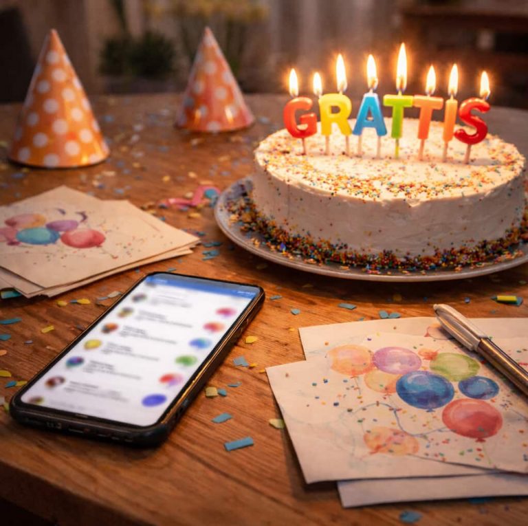 Födelsedagstårta med tända ”Grattis”-ljus på ett bord, omgiven av gratulationskort och konfetti, med en suddig smartphone bredvid