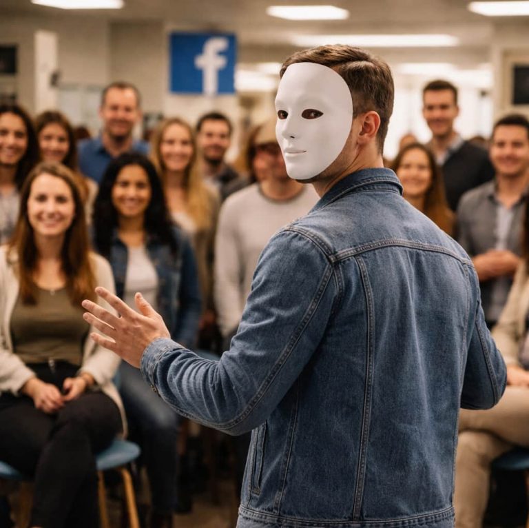Person med vit mask talar inför en grupp människor i ett mötesrum medan åhörarna lyssnar bakom honom