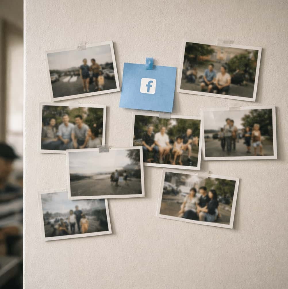 Vägg med flera snett uppsatta pappersfoton i ett vardagligt rum, med en diskret blå lapp med Facebook-symbol bland bilderna i mjukt dagsljus