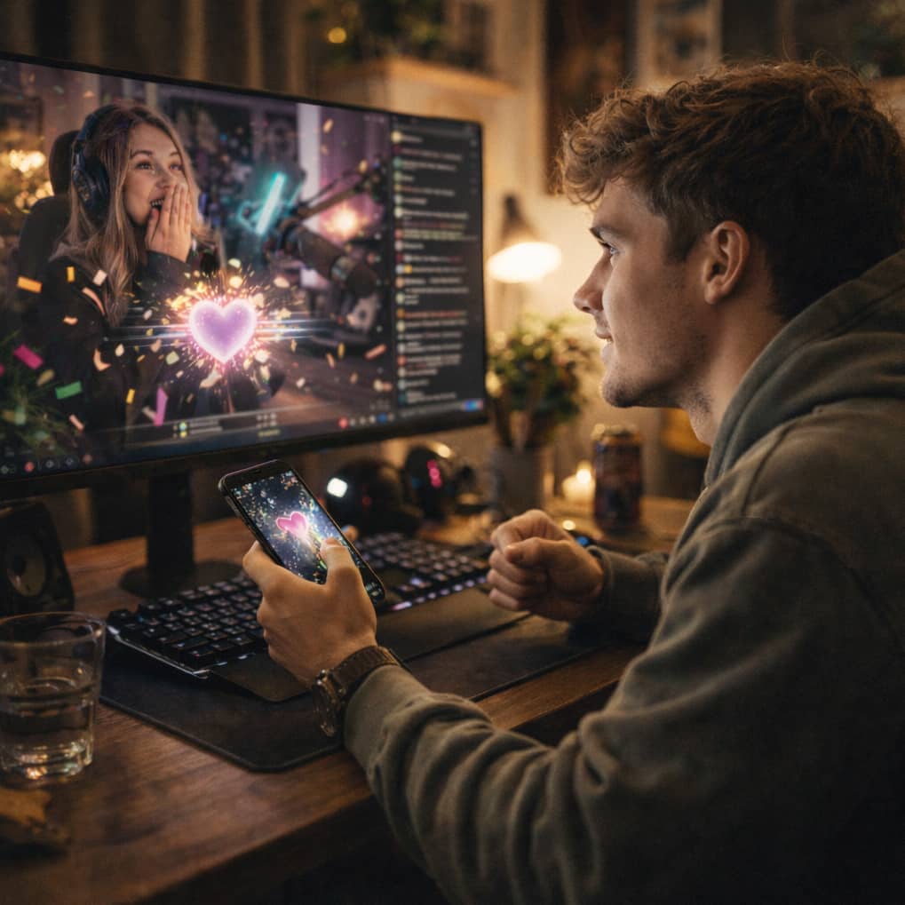 Man sitter vid skrivbord i ett mörkt rum och tittar förväntansfullt på en livestream på datorskärmen medan han håller en mobiltelefon i handen, upplyst av skärmens ljus
