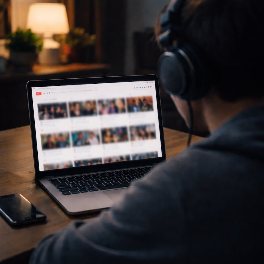 Person sitter ensam sent på kvällen med hörlurar och tittar på YouTube på en laptop i ett svagt upplyst rum