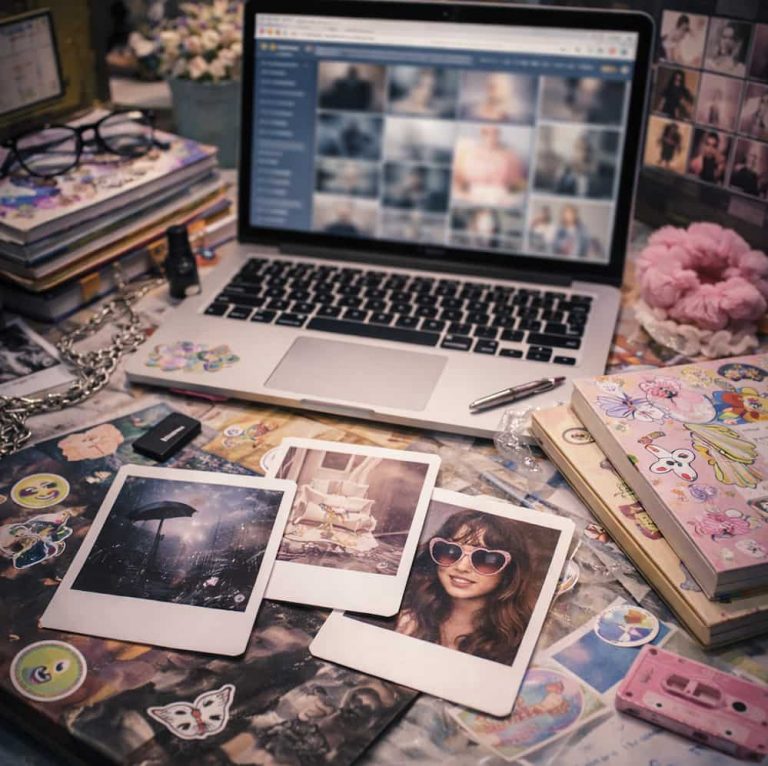 Tumblr-inspirerat skrivbord med laptop vars skärm är lätt suddad, omgivet av polaroidfoton, anteckningsböcker och personliga detaljer som speglar skiftande identiteter