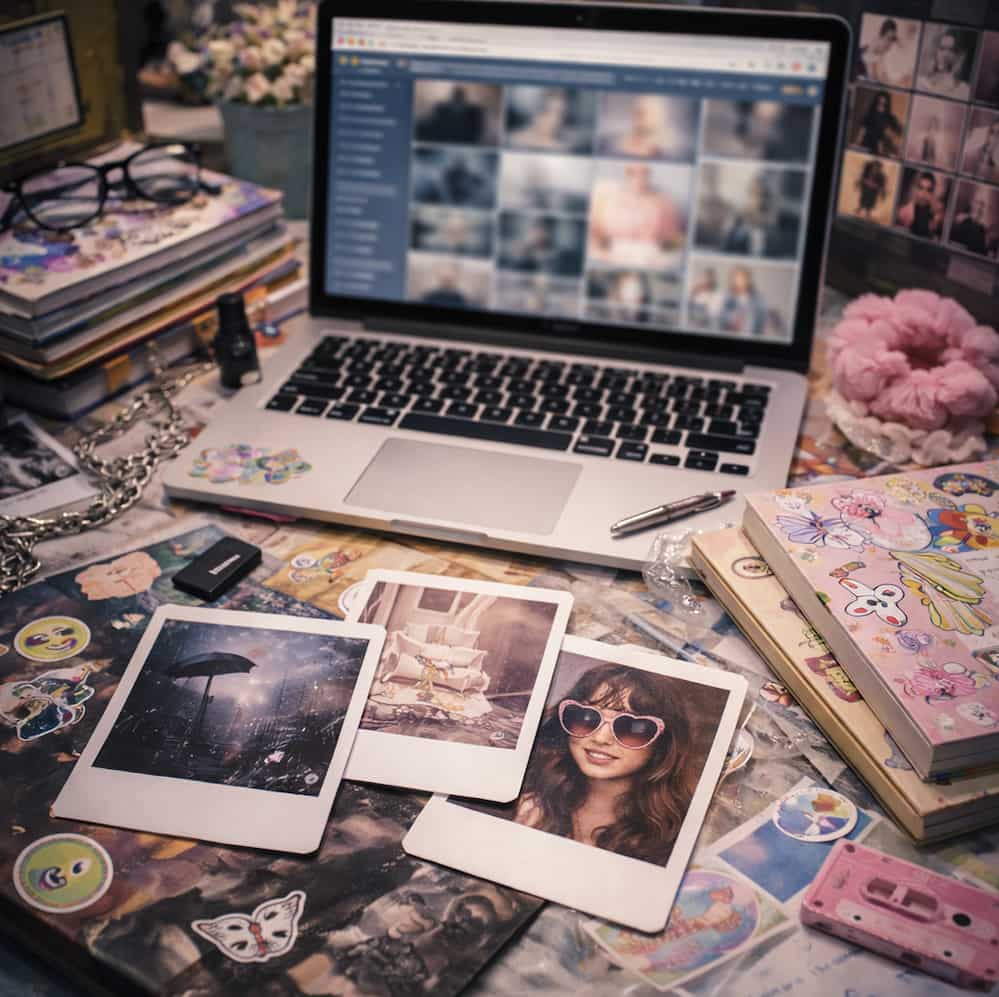 Tumblr-inspirerat skrivbord med laptop vars skärm är lätt suddad, omgivet av polaroidfoton, anteckningsböcker och personliga detaljer som speglar skiftande identiteter