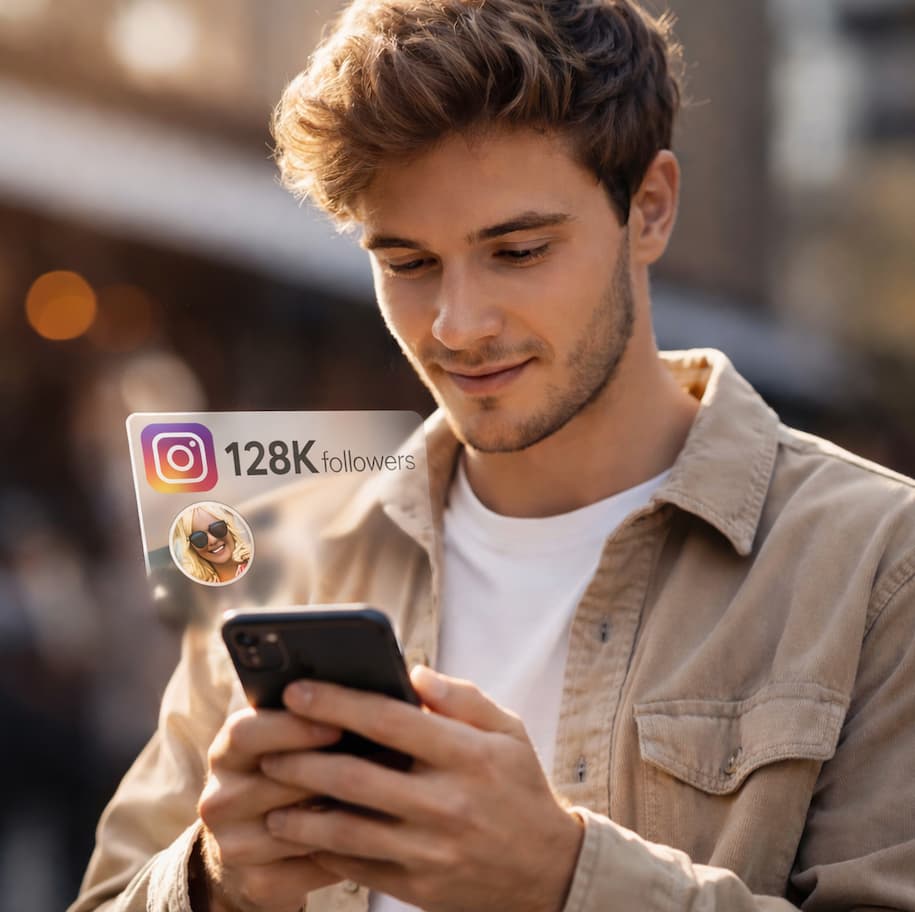 Ung man som tittar imponerat ner i sin smartphone medan en Instagram-profil med 128K följare speglas ovanför skärmen, vilket illustrerar hur följarsiffror påverkar uppfattningen om trovärdighet och status på sociala medier