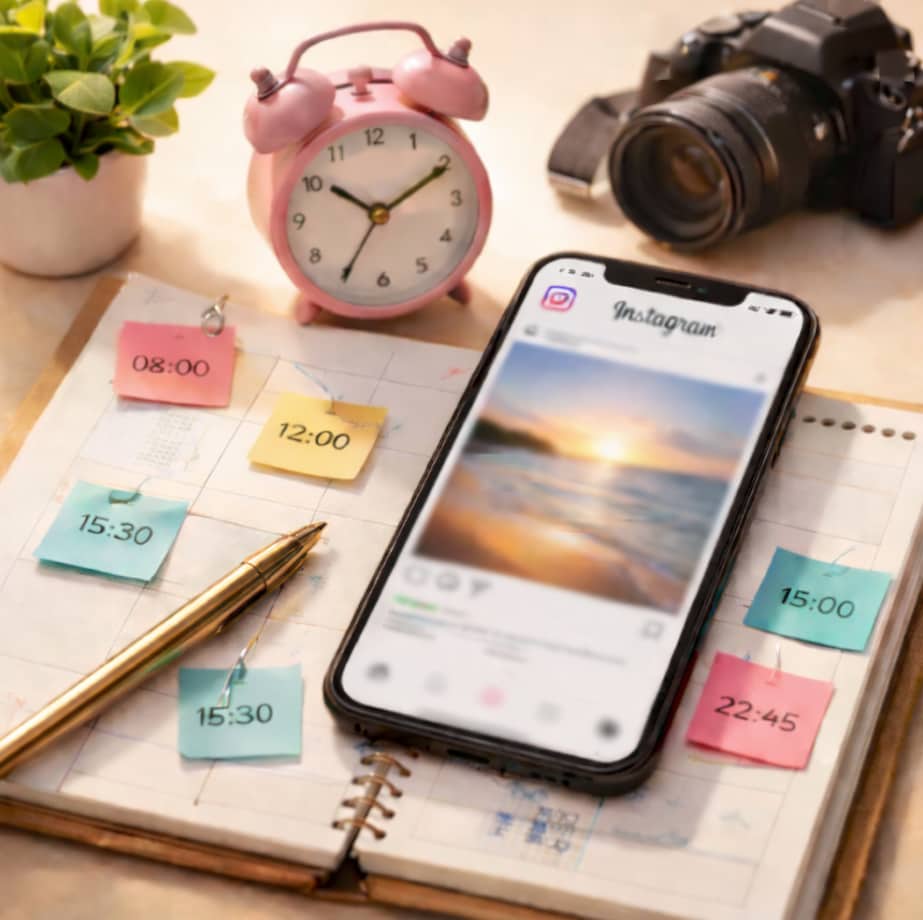 Smartphone med lätt blurrad Instagram-skärm ligger på en planeringskalender med färgade lappar i olika klockslag, bredvid en analog väckarklocka och kamera