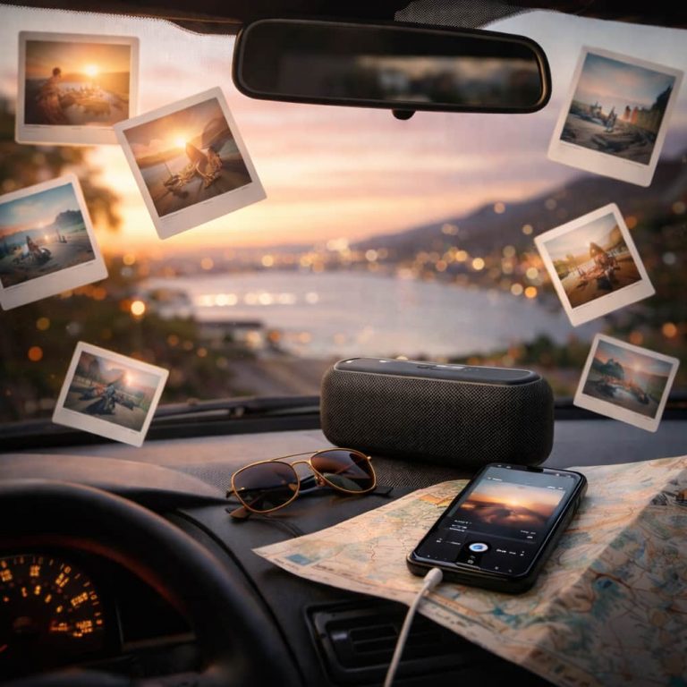 Avlång bluetooth-högtalare och mobil med musikspelare på bilens instrumentbräda i skymning, med kustlandskap synligt genom vindrutan