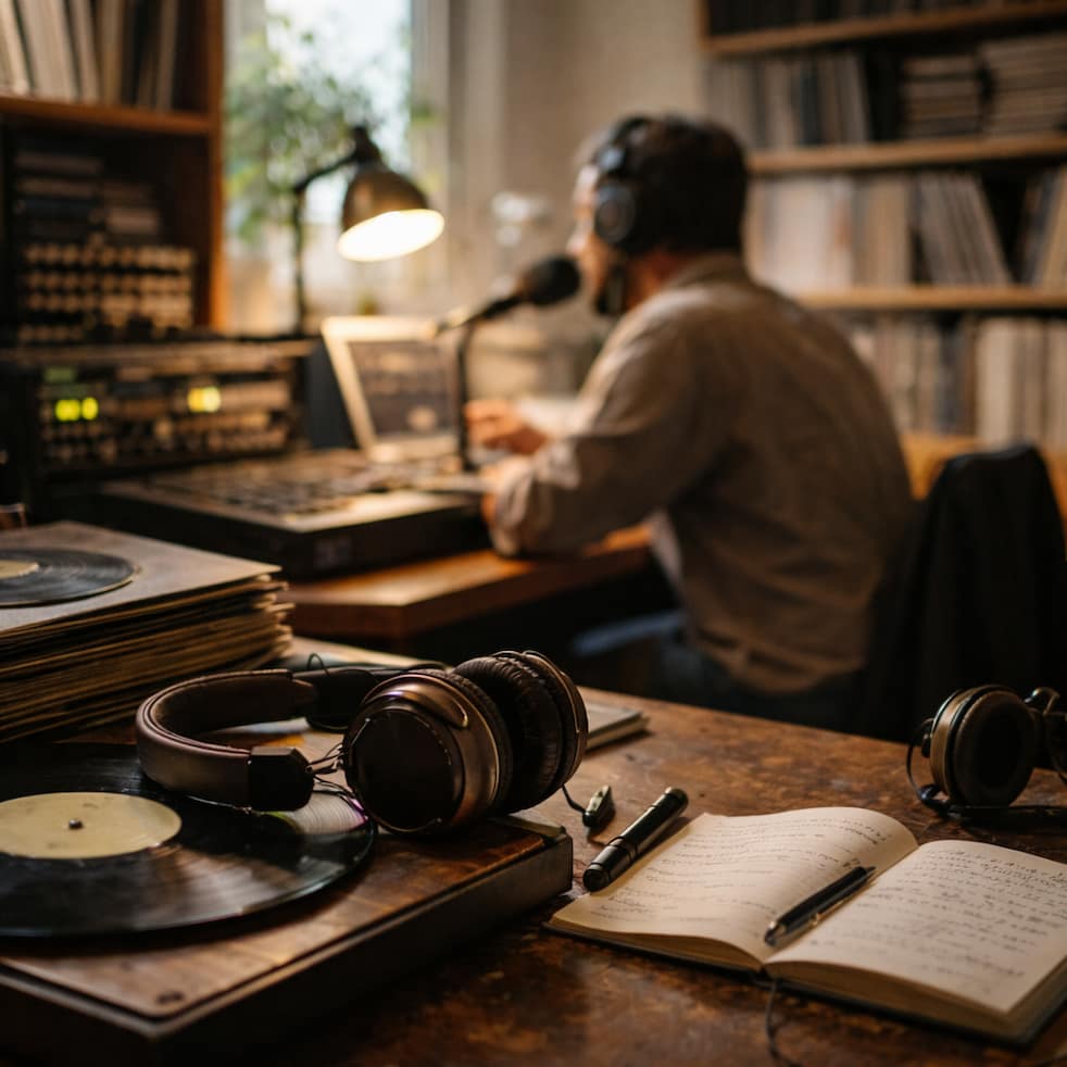 Hemmastudio med vinylskivor, hörlurar och anteckningsbok i förgrunden, medan en person sitter vid ett skrivbord och pratar i mikrofon i bakgrunden