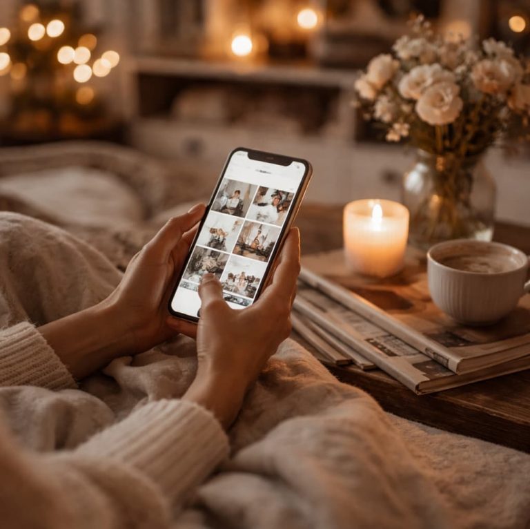 Händer som scrollar i mobilen i mjukt kvällsljus, omgivna av filt, levande ljus och lugn heminredning i en stillsam, estetisk miljö