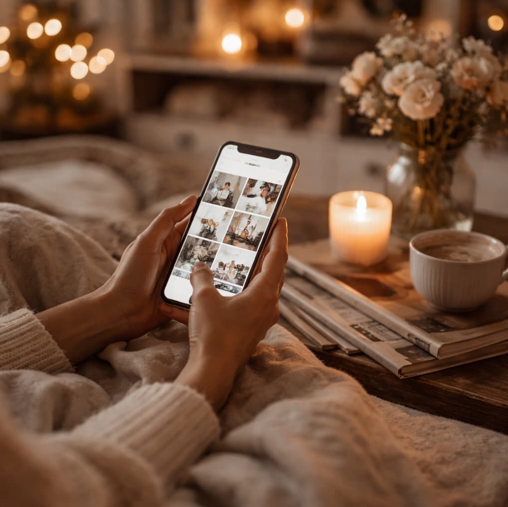 Händer som scrollar i mobilen i mjukt kvällsljus, omgivna av filt, levande ljus och lugn heminredning i en stillsam, estetisk miljö