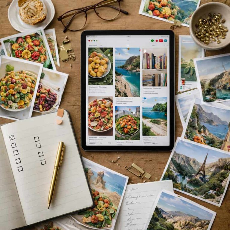 Överblick ovanifrån av ett träskrivbord med surfplatta som visar inspirerande recept- och resebilder, omgiven av utskrivna foton och en öppen anteckningsbok med tomma kryssrutor