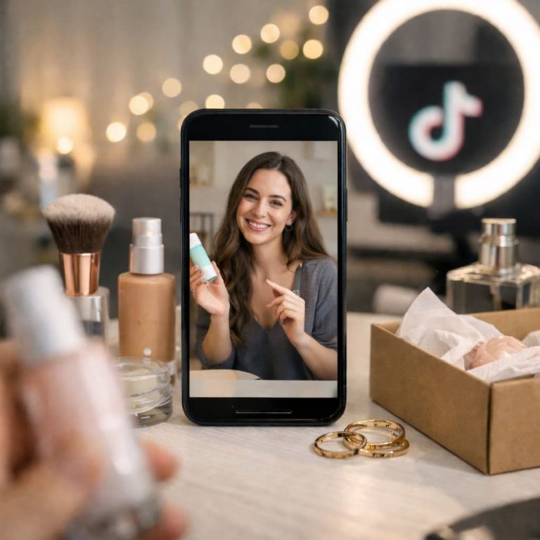 En smartphone som visar en kvinna som håller upp en hudvårdsprodukt, omgiven av smink och skönhetsprodukter på ett bord, vilket illustrerar hur produktrekommendationer på TikTok kan upplevas som personliga snarare än reklam