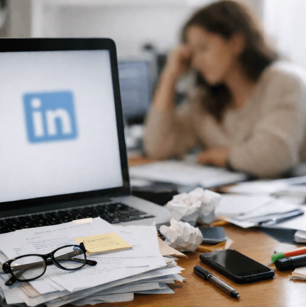 Skrivbord med laptop där en lätt suddig LinkedIn-logga syns på skärmen, omgiven av papper och arbetsmaterial, med en person ur fokus i bakgrunden