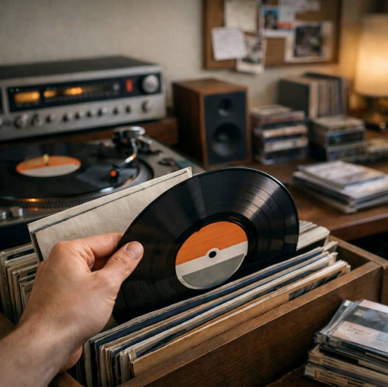 Närbild av en hand som bläddrar bland vinylskivor i en trälåda, med en skivspelare och högtalare i bakgrunden i ett varmt upplyst rum