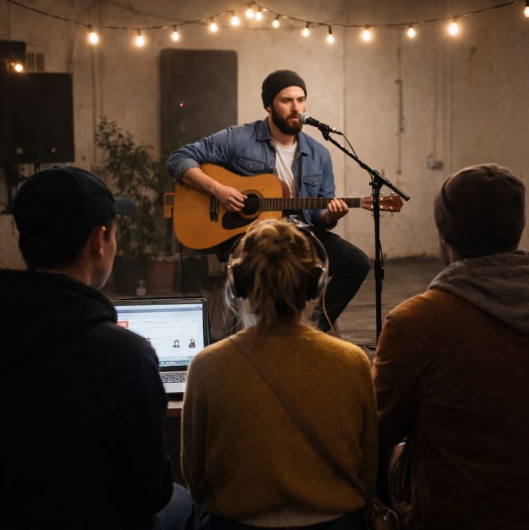 Singer-songwriter spelar akustisk gitarr på en liten scen inför tre lyssnare i ett nästan tomt rum med varm belysning och intim konsertkänsla