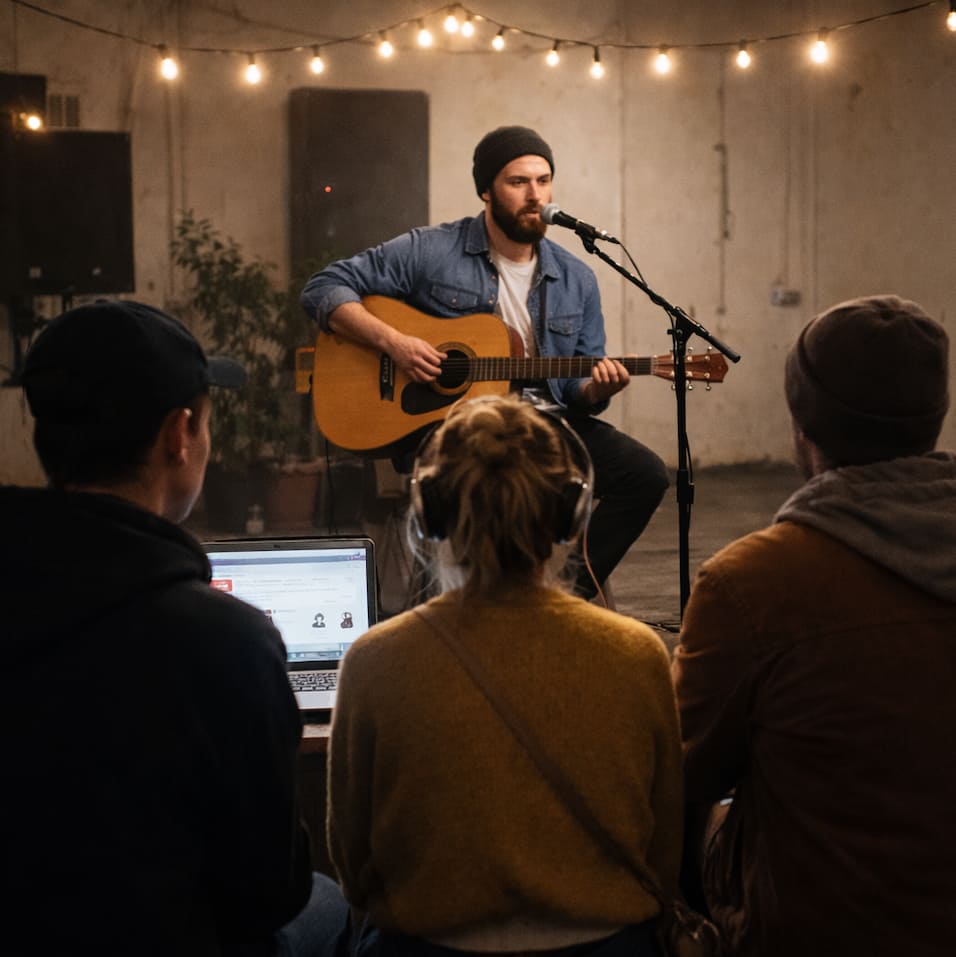 Singer-songwriter spelar akustisk gitarr på en liten scen inför tre lyssnare i ett nästan tomt rum med varm belysning och intim konsertkänsla
