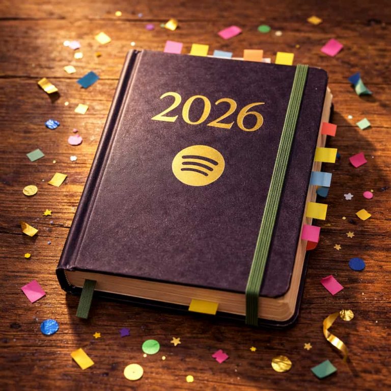 Stängd mörklila årsbok med guldfolierad texten 2026 och Spotify-logga liggande på träbord, omgiven av färgglad konfetti