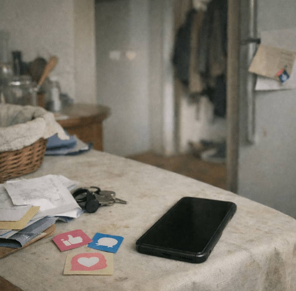 Ett stökigt köksbord i mjukt dagsljus med en avstängd mobiltelefon, lösa papper, nycklar och några små lappar med enkla sociala medier-ikoner