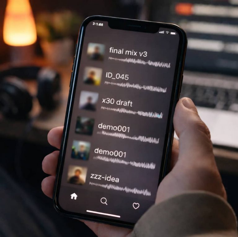 Mobiltelefon med SoundCloud-spår med kryptiska titlar och vågformer, hålls i handen i en dämpad hemmastudio