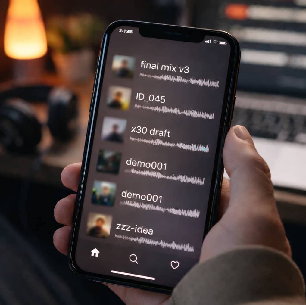 Mobiltelefon med SoundCloud-spår med kryptiska titlar och vågformer, hålls i handen i en dämpad hemmastudio