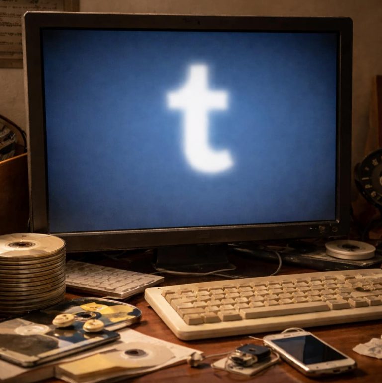 Gammal dator på ett stökigt skrivbord med en suddig Tumblr-logotyp på skärmen, omgiven av cd-skivor, sladdar och åldrande teknik