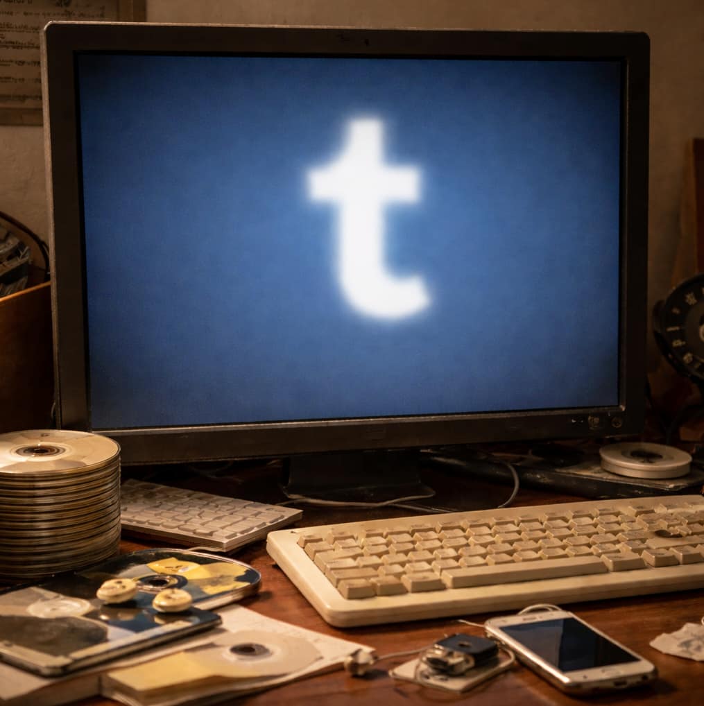 Gammal dator på ett stökigt skrivbord med en suddig Tumblr-logotyp på skärmen, omgiven av cd-skivor, sladdar och åldrande teknik
