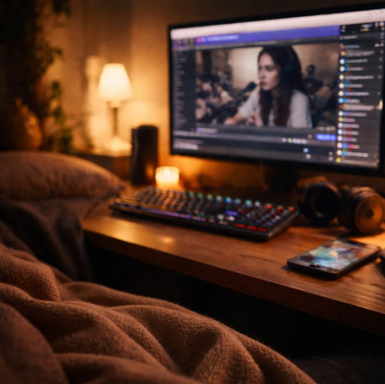 Mörkt rum med skrivbord där en datorskärm visar en pågående Twitch-stream, upplyst av varm belysning och en stillsam kvällsmiljö