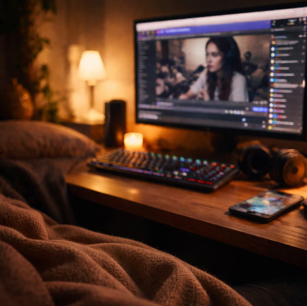Mörkt rum med skrivbord där en datorskärm visar en pågående Twitch-stream, upplyst av varm belysning och en stillsam kvällsmiljö