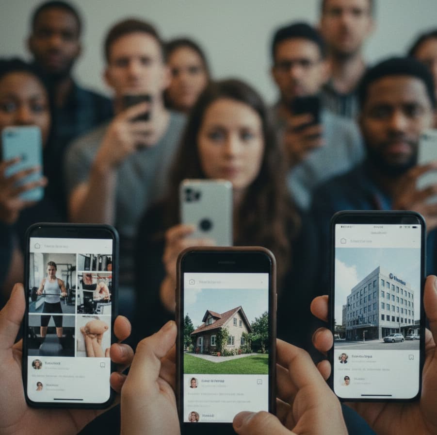 En grupp människor står tätt tillsammans i bakgrunden och tittar allvarligt in i kameran medan de håller upp sina mobiltelefoner